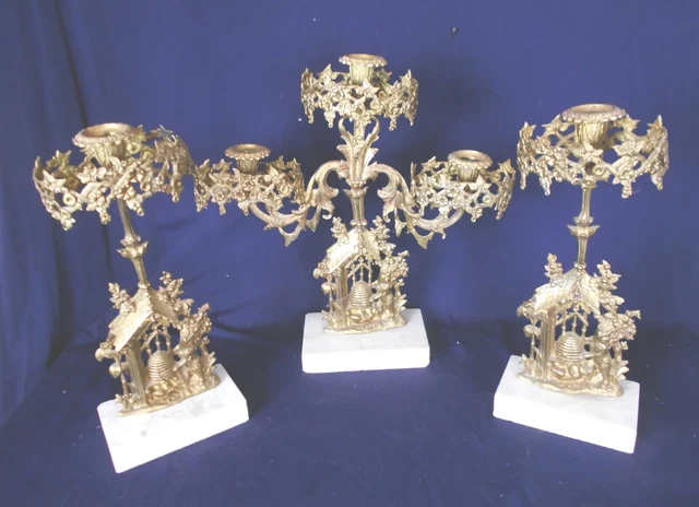 ANTIQUE 19th CENTURY 3 PIECE BRASS GARNITURE CANDLE HOLDERS