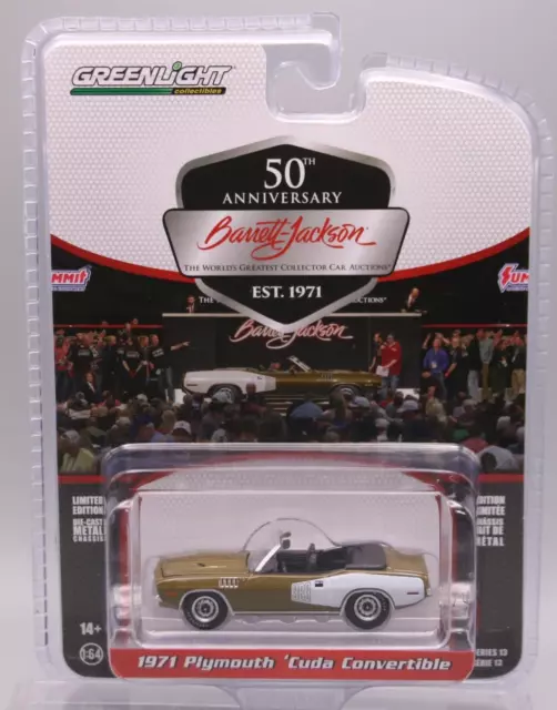 GREENLIGHT 1/64 BARRETT JACKSON R13E 1971 Plymouth Barracuda 383 Convertible GLD