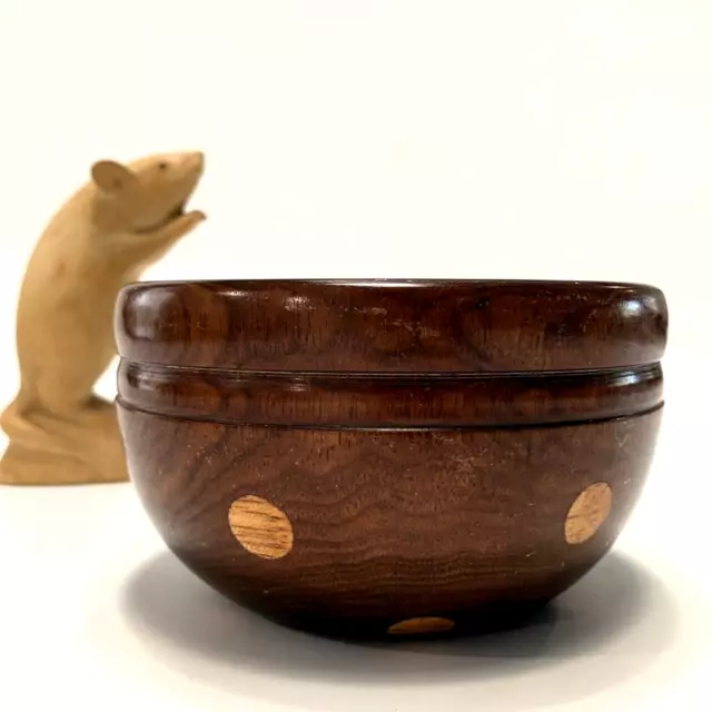 Hand Turned Red Gum WOOD NUT BOWL - Blonde Wood Polka Dot Inlays Art Deco Style