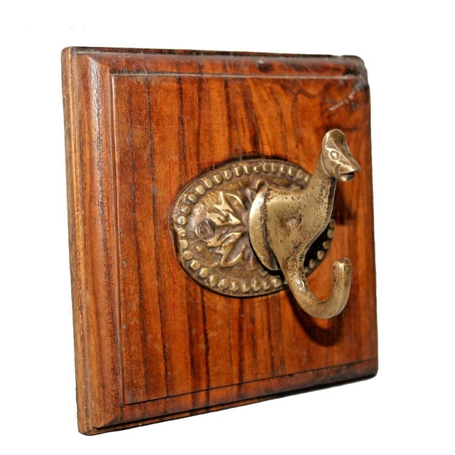 Antique Style Reproduction Wolf Shape Brass & Wood Home Decor Wall Hook / Hanger