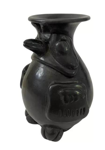 Bird Vase Owl Design Pre-Columbian Style Black Pottery Oaxaca Mexico 5”. Signed