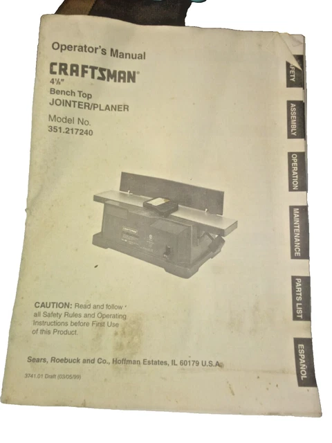 1999 SEARS CRAFTSMAN Jointer Planer Manual 4 1/8" Bench Top Model 351. ...