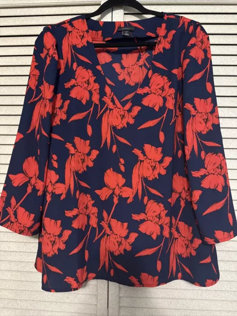 Halogen Blouse Top Size XXL Womans Blue Red Floral Long Bell Sleeve V-Neck NWOT