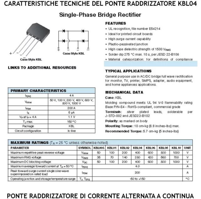 KBL04 Ponte Diodi Raddrizzatore Monofase Serie Tensione 400V 4 Amper Norma ROHS3 3