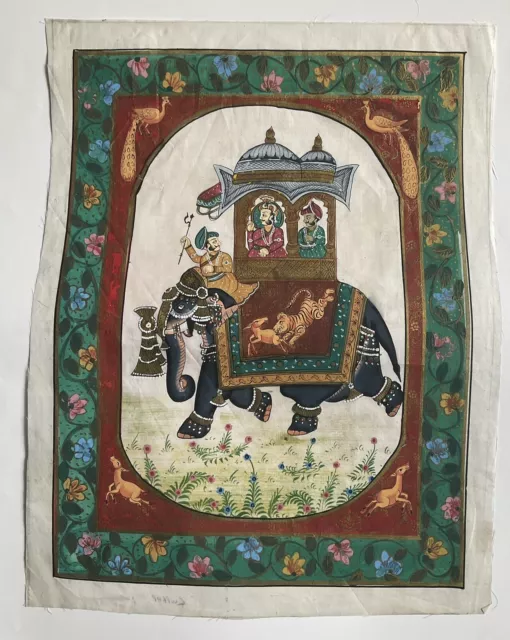 Old Indian Style Painting on Silk, Large Elephant Carrying People etc.