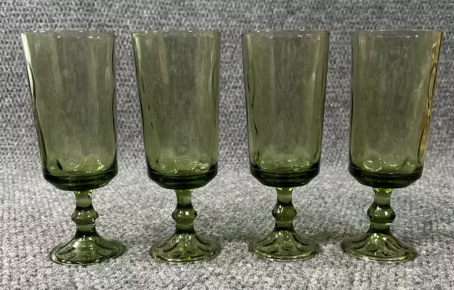 Set of 4 Vintage Green Glass Footed Tumblers 7.5 Inches Tall Dark Green Pattern