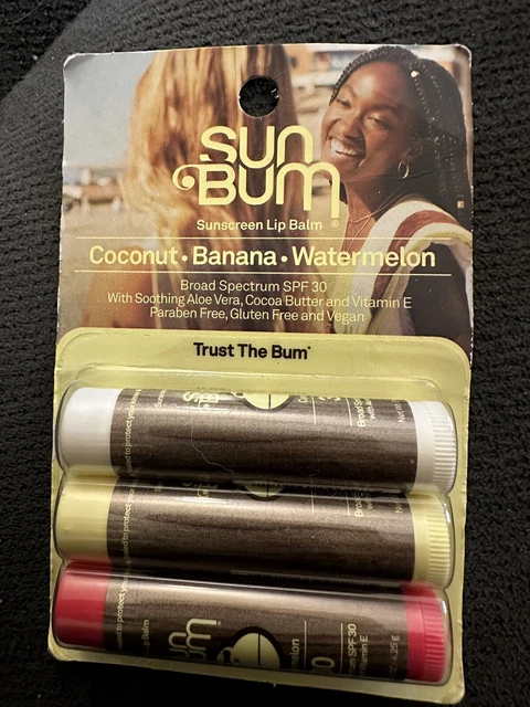 Sun Bum SPF 30 Sunscreen Lip Balms  3 Pack Coconut, Banana, Watermelon. Exp 3/25