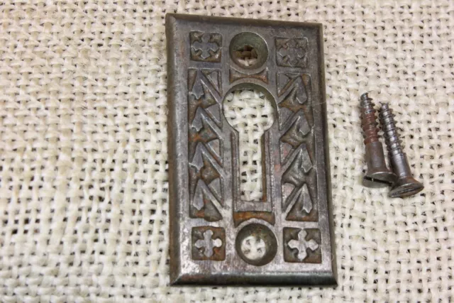 Old Door Keyhole Skeleton Key Escutcheon Plate Vintage Eastlake Iron Bent Leaf