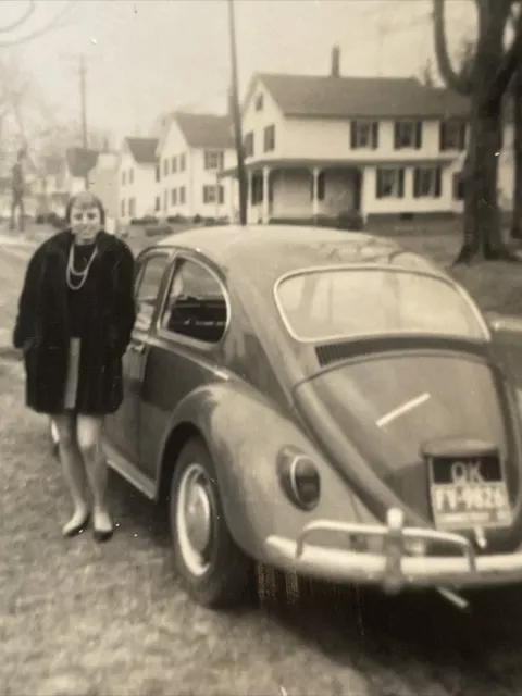 Vintage 1969 Photo Woman Posing Next to 1967 Volkswagen VW Beetle Car