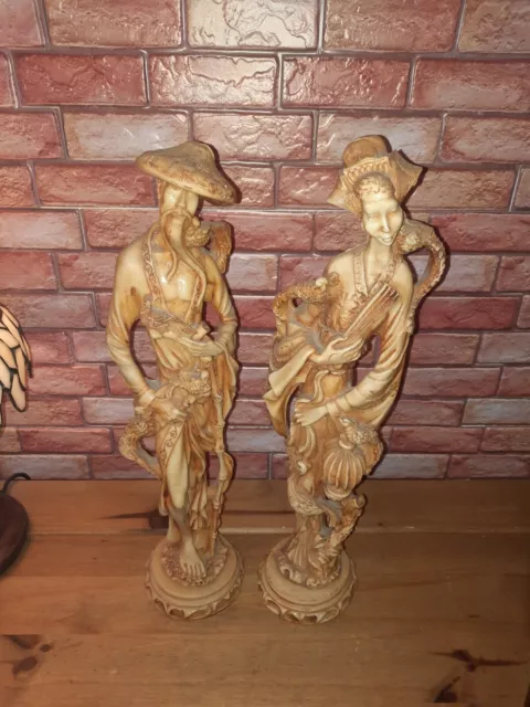 Vintage Pair Heavy Oriental Japanese Resin Sculpture Figurines Man & Lady 19"...