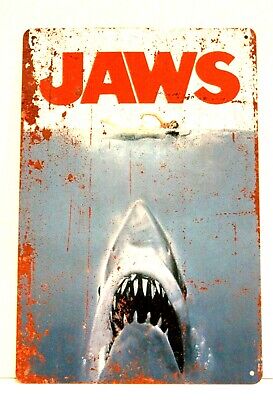 Jaws Tin Sign Vintage Style Movie Poster Ad Rustic Look Quints Shark Fishing 1