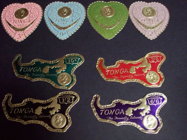 TONGA 2 sets of 4 each of stamps / MNH Embossed on Gilt Foil - RARE from 1963-65