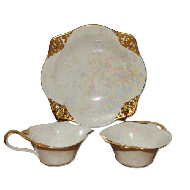 RS Tillowitz Silesia Pearl White Lusterware Antique Cream Sugar Set 22k Gold
