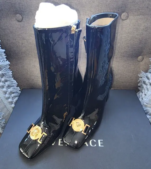 AUTHENTIC VERSACE Black Patent Leather Boots Gold Medusa - NIB - Size 35 RARE