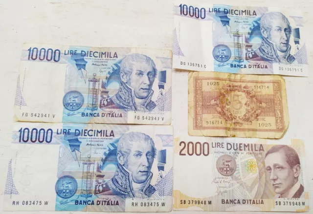 5 Banconote Circolate 10000 Volta 2000 Marconi e 5 LIRE 1944 5 Banconote Circolate 10000 Volta 2000 Marconi e 5 LIRE 1944