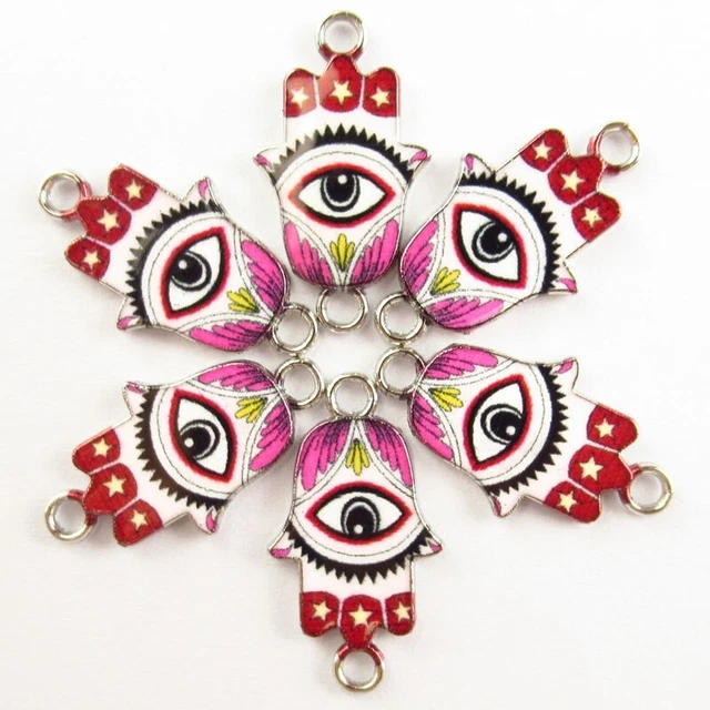 6Pcs Red Enamel Tibetan Silver Evil Eye Hand Pendant Bead PJ2919