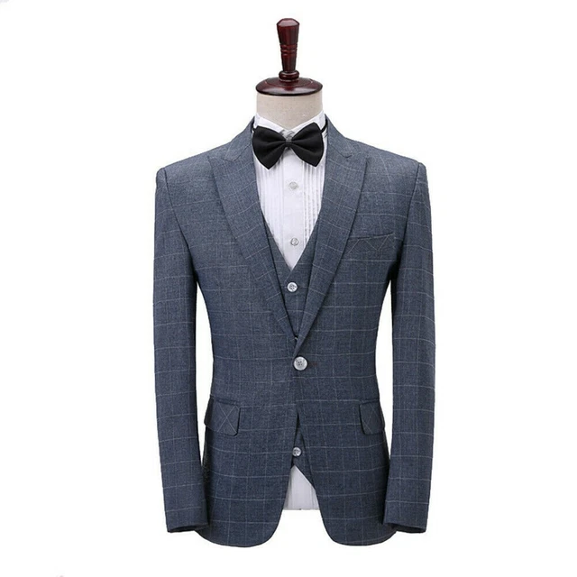 Uomo 3 Pezzi Abito Quadri Giacca Giubbotto Pantaloni Cena Formale Festa Smart