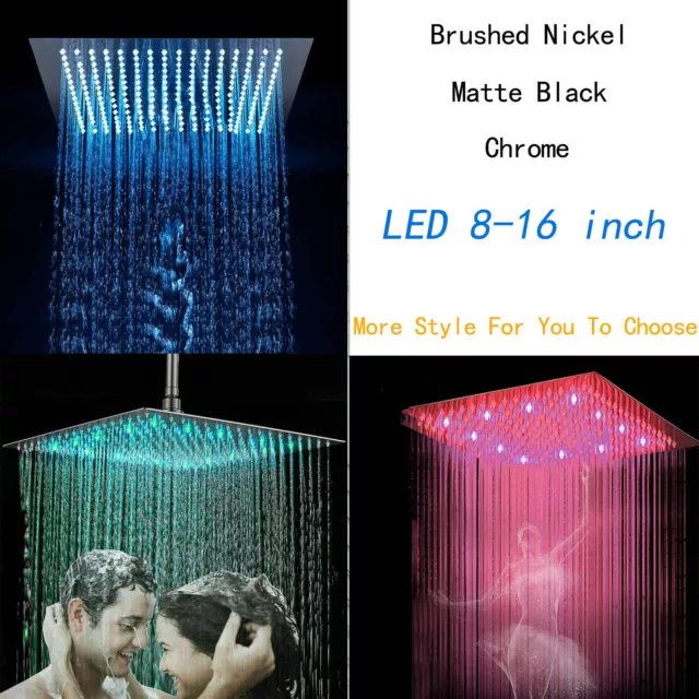 Luxury 8-16"LED Rain Shower Head Faucet Set Stainless Steel Rainfall Showerhead