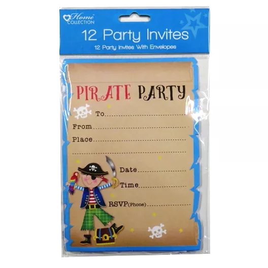 Pirate Party Invitations and Envelopes, Pack of 12