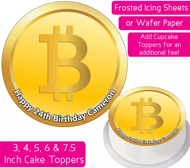 Bitcoin Edible Wafer & Icing Personalised Cake Topper Decor Crypto Currency Btc