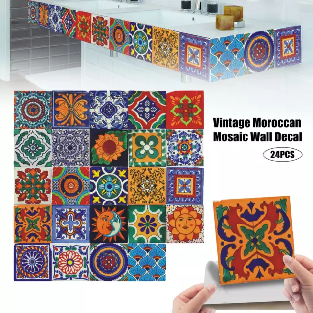 24Pcs Vintage Tile Stickers Self-adhesive Waterproof Moroccan Mosaic Wall Decal