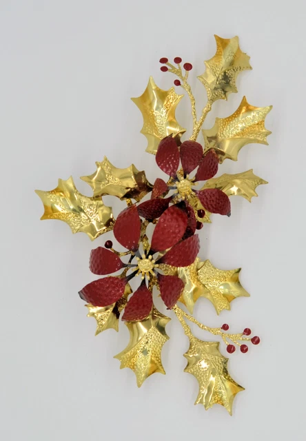 Metal Poinsettia Gold Color Wall Christmas Holiday Ornament 10" Tall 7" Wide B-4