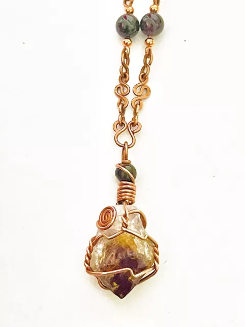 Citrine Wire Wrapped Pendant Handmade Copper ChainChain Necklace Tiger Eye