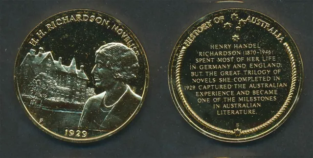 Australia: 1970s H.H Richardson, Novelist 44mm 39.5g Gilt Silver Medal, History