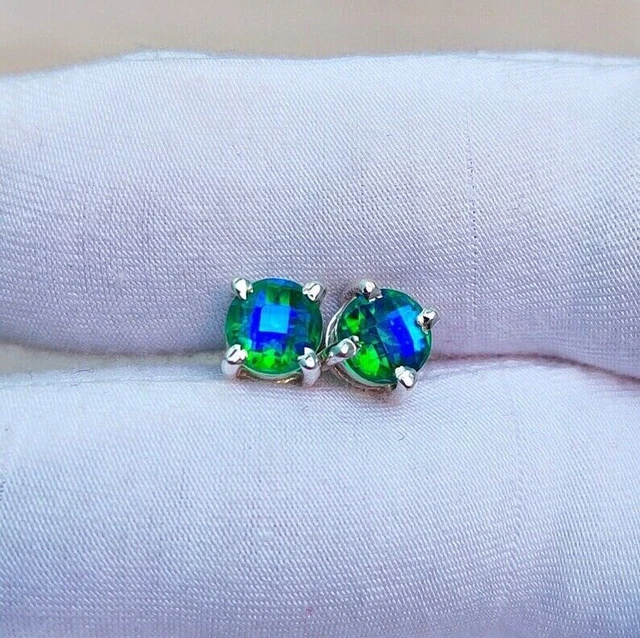 Peacock Quartz Stud Drop Earrings, Round Peacock Quartz, 925 Sterling Silver