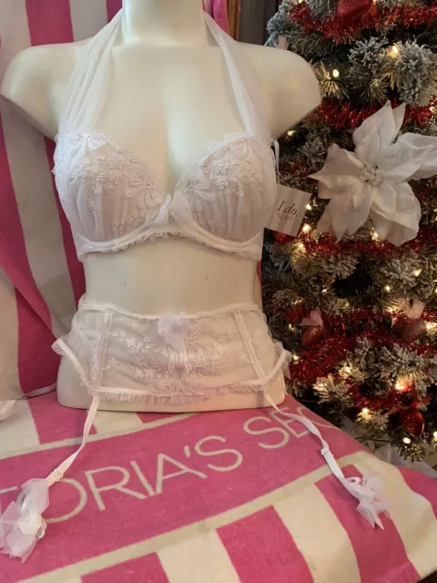 Victoria’s Secret I DO Embroidered Dream Angels Bridal 32D Demi Bra M/L Garter