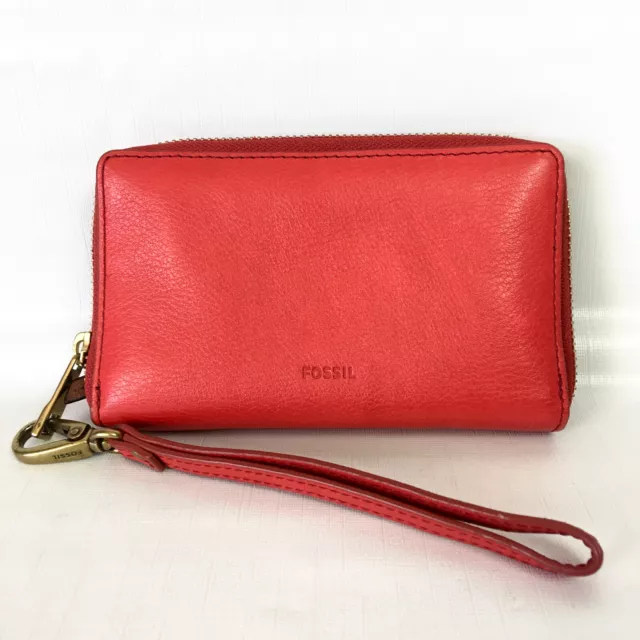 Fossil Emma Clutch Wallet Small Wristlet Red Leather Zip Around