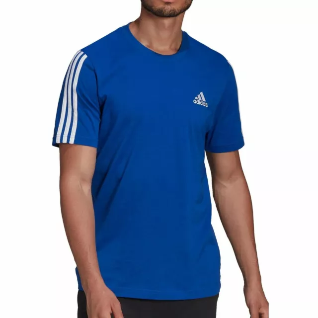 adidas Mens AeroReady 3 Stripe Top Running Short Sleeve Sports Training Tee Blue