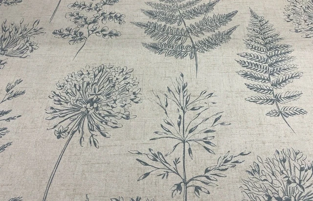 Country Herbs Beige /Chambray Blue Cotton 140cm Wide Curtain/Craft Fabric