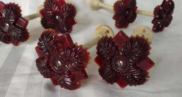 6 Antique Victorian Ruby Red Glass Flower Curtain Tie Backs 3