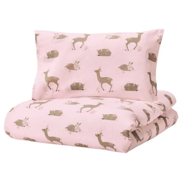 Funda de edredón IKEA TROLLDOM 1 funda de almohada para cuna, patrón de ciervo/rosa 110x125/35x55cm