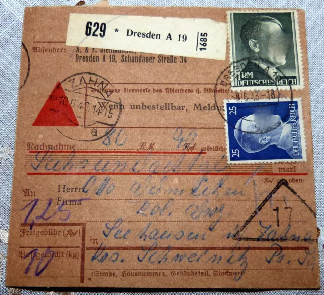 Paketkarte 629 Dresden A 19 1943 Zahna MiF Deutsches Reich Paket Karte (3082