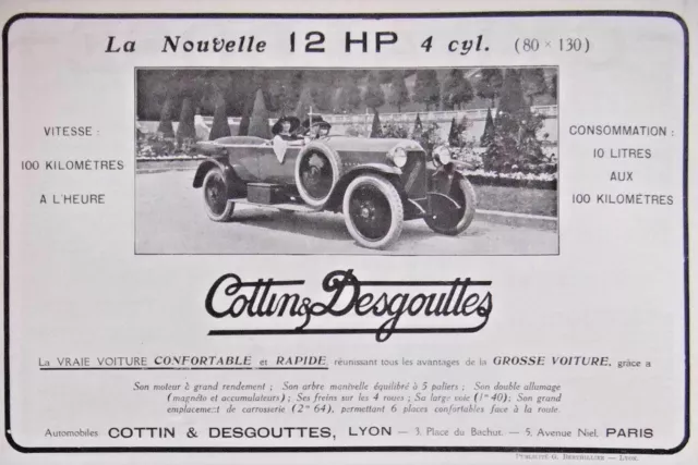 Publicité 1922 Automobile Cottin & Desgouttes - La Nouvelle 12 Hp 4 Cylindres
