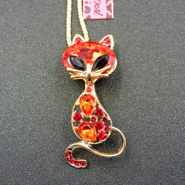 Hot Red Rhinestone Crystal Cute Cat Pendant Betsey Johnson Chain Necklace