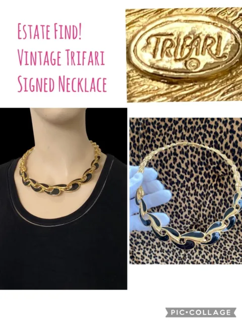 True Vintage Signed TRIFARI Gold Tone & Black Choker Statement Necklace 70s-80s