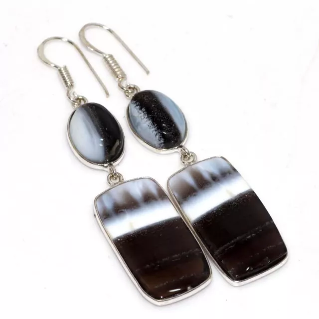 925 Silver Plated-Owhyee Blue Opal Ethnic Long Earrings Jewelry 2.7" AU J972