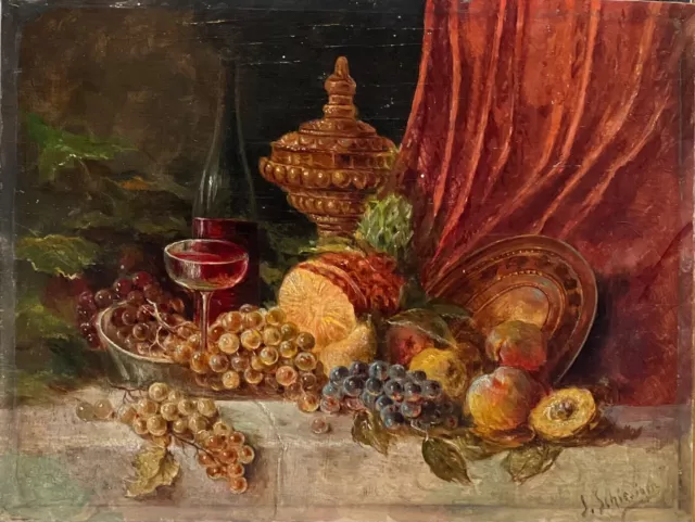 École allemande du XIXème "Nature morte aux fruits et au vin" HSP signée.