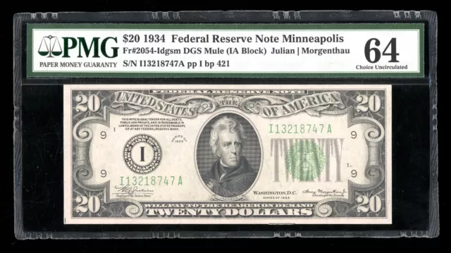 DBR 1934 $20 FRN DGS Mule Minneapolis Fr. 2054-Idgsm PMG 64 Serial I13218747A