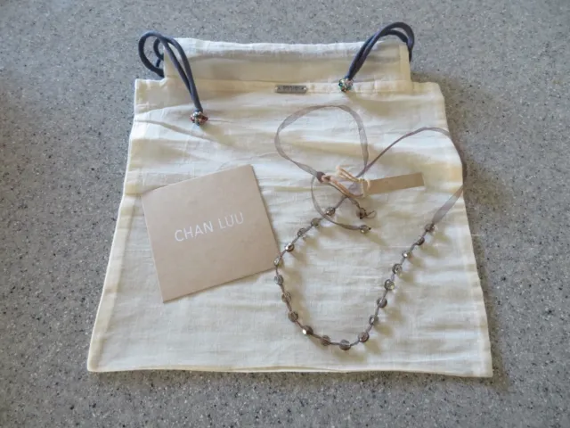 CHAN LUU organza necklace made w/Swarovski topaz crystals & beaded POUCH