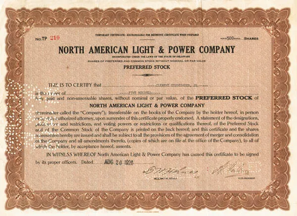 Clement Studebaker, Jr - North American Light and Power Co - Stock Certificate -