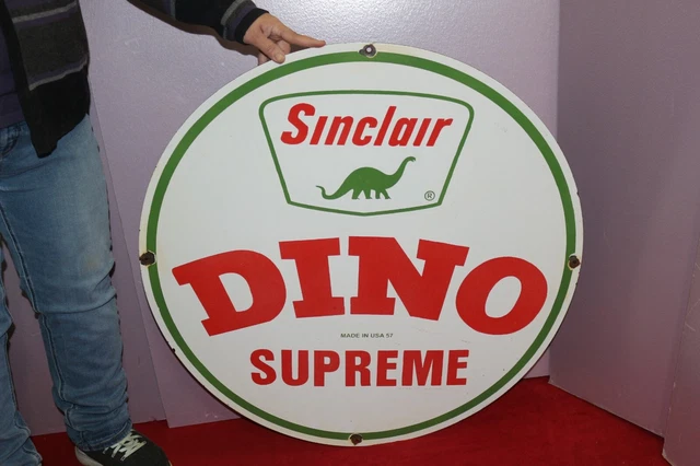 Large Sinclair Dino Supreme Gasoline Gas Station 30" Heavy Metal Porcelain Sign