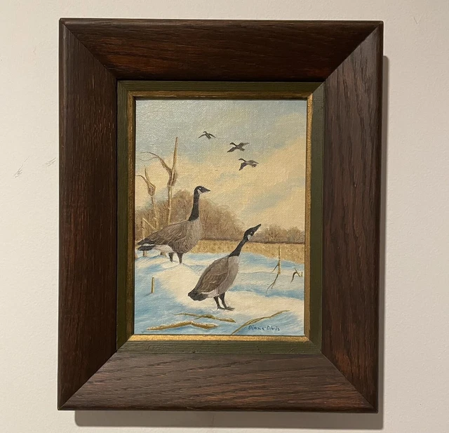 VINTAGE ORIGINAL OIL Painting Canadian Goose Pair Signed Framed 11 3/4
