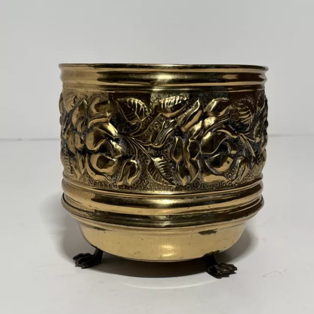 Vintage Brass Round Planter Claw Feet Made in England Raised Ornate Design 6”