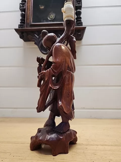 Antique Carved Wood Japanese Table Lamp Old Man Holding Fish c1930 3