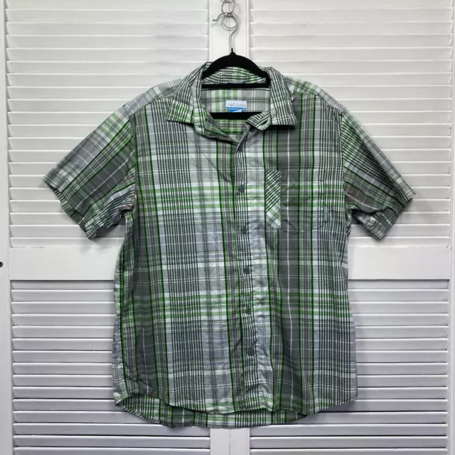 Columbia Shirt Mens Medium Green Grey Check Short Sleeve Button Up Collared