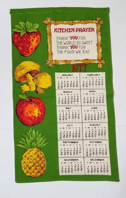 1977 Cloth Wall Calendar Hanging Vintage Green Mod Kitchen Dinner Prayer